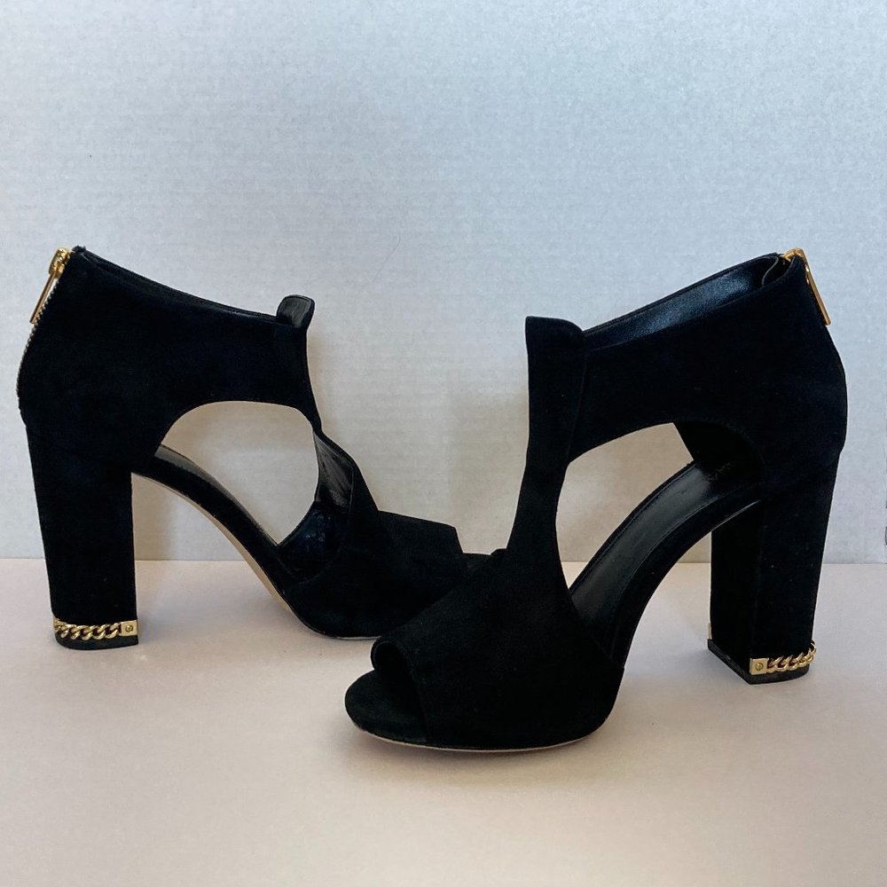 Michael Kors black suede peep toe sandal pumps with gold detail women's size  7